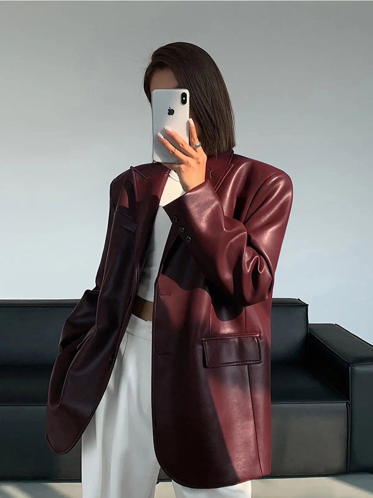 Sarah | Leren Blazer met Zakjes en Detail