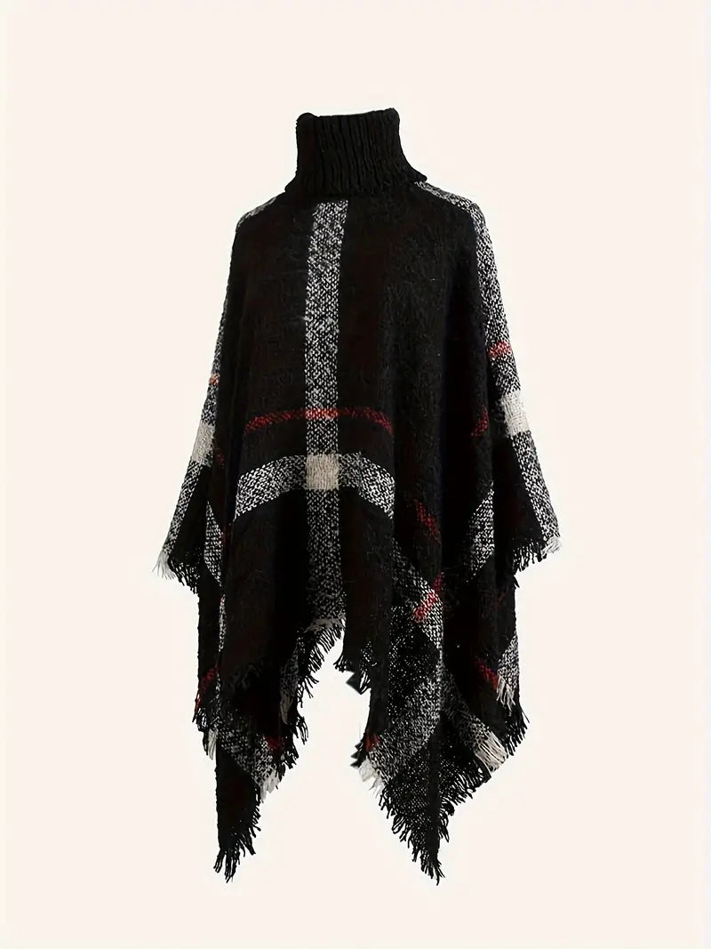 Indrina | Geruite poncho met colkraag