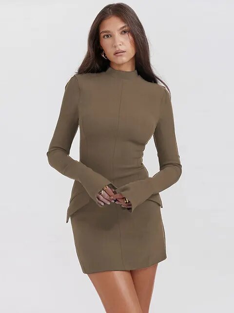 Elegante Zijsplit Jurk - Slim Fit - Lange Mouwen - Herfst Winter Mode - Polyester en Spandex