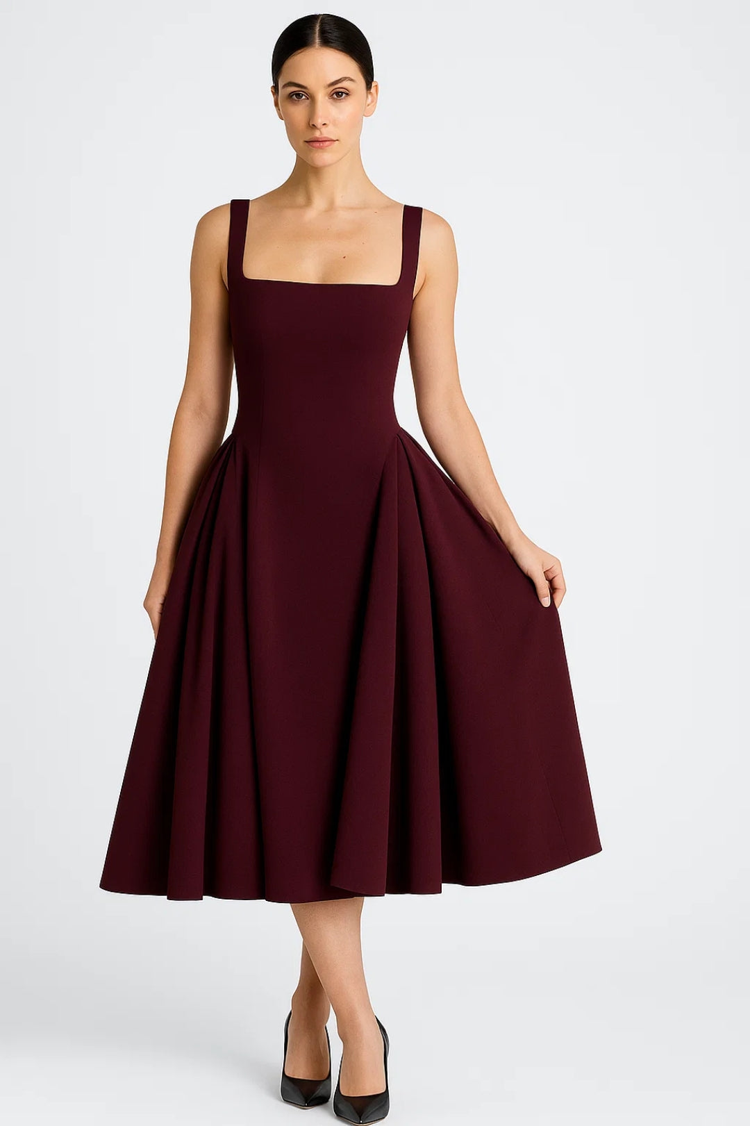 Elegante Midi Jurk met Brede Bandjes en Uitlopende Rok