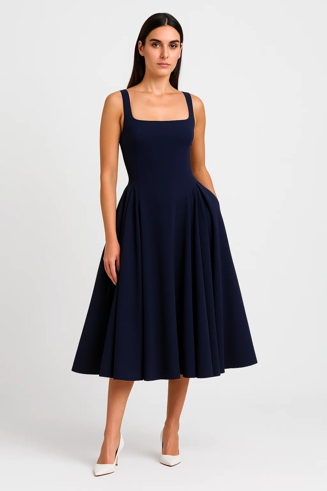 Elegante Midi Jurk met Brede Bandjes en Uitlopende Rok