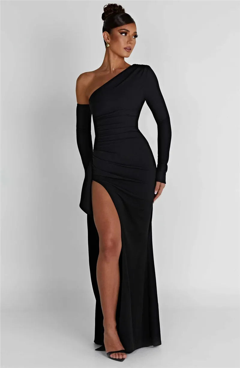 Elegante Maxi Jurk - Asymmetrische Halslijn - Polyester - Feestelijke Evenementen