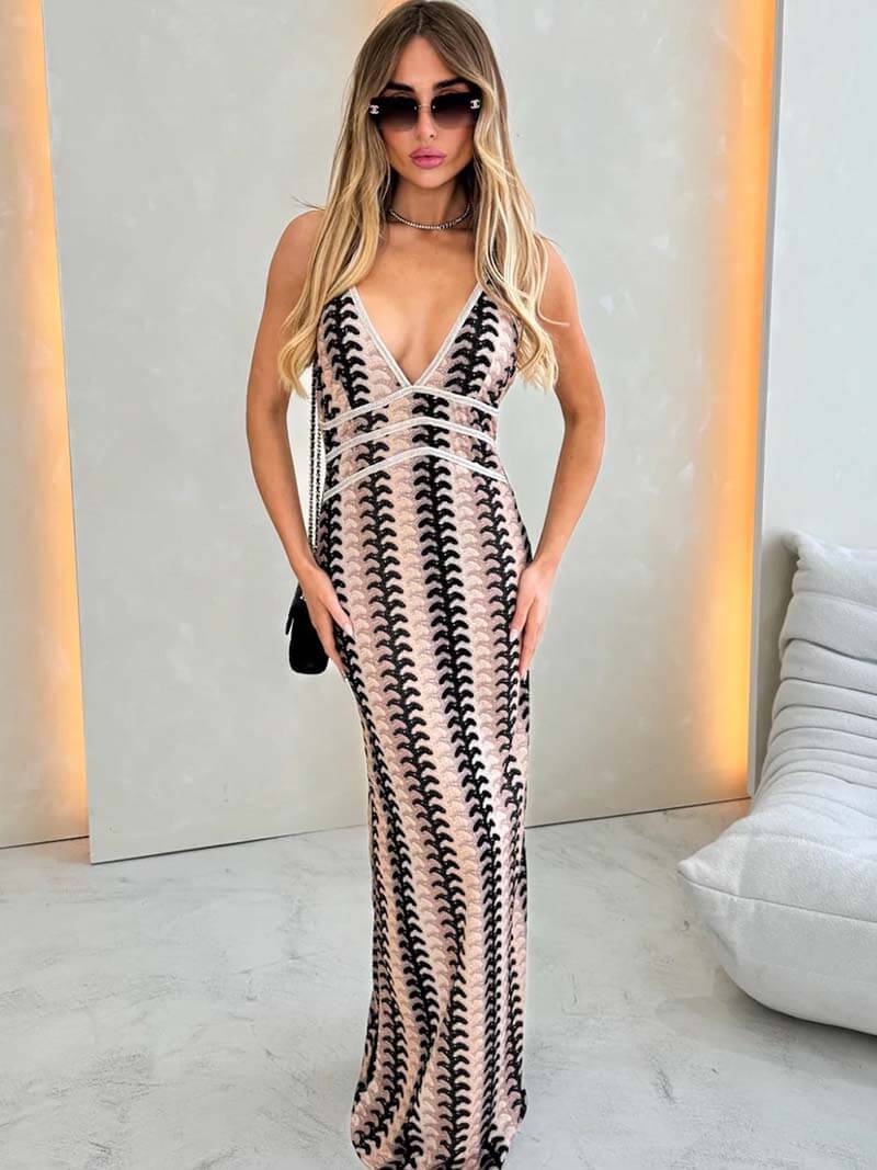 Gestreepte Mia Maxi-jurk - Halterhals met Boho-Chique Zwierige Stijl