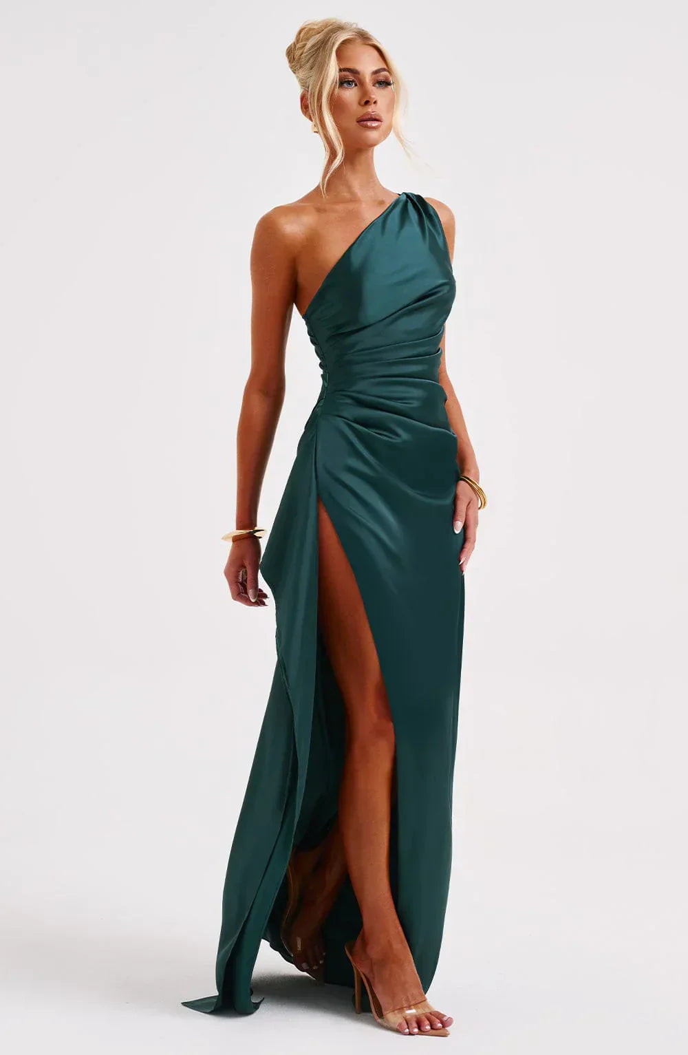Aria Satin Split Dress - Dames - Luxe Stof, Stijlvolle Plooien en Moderne Details