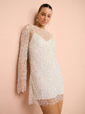 Dames Feestjurk - Mini Lengte - Pailletten en Parels - Polyester - Feestelijke Gelegenheden