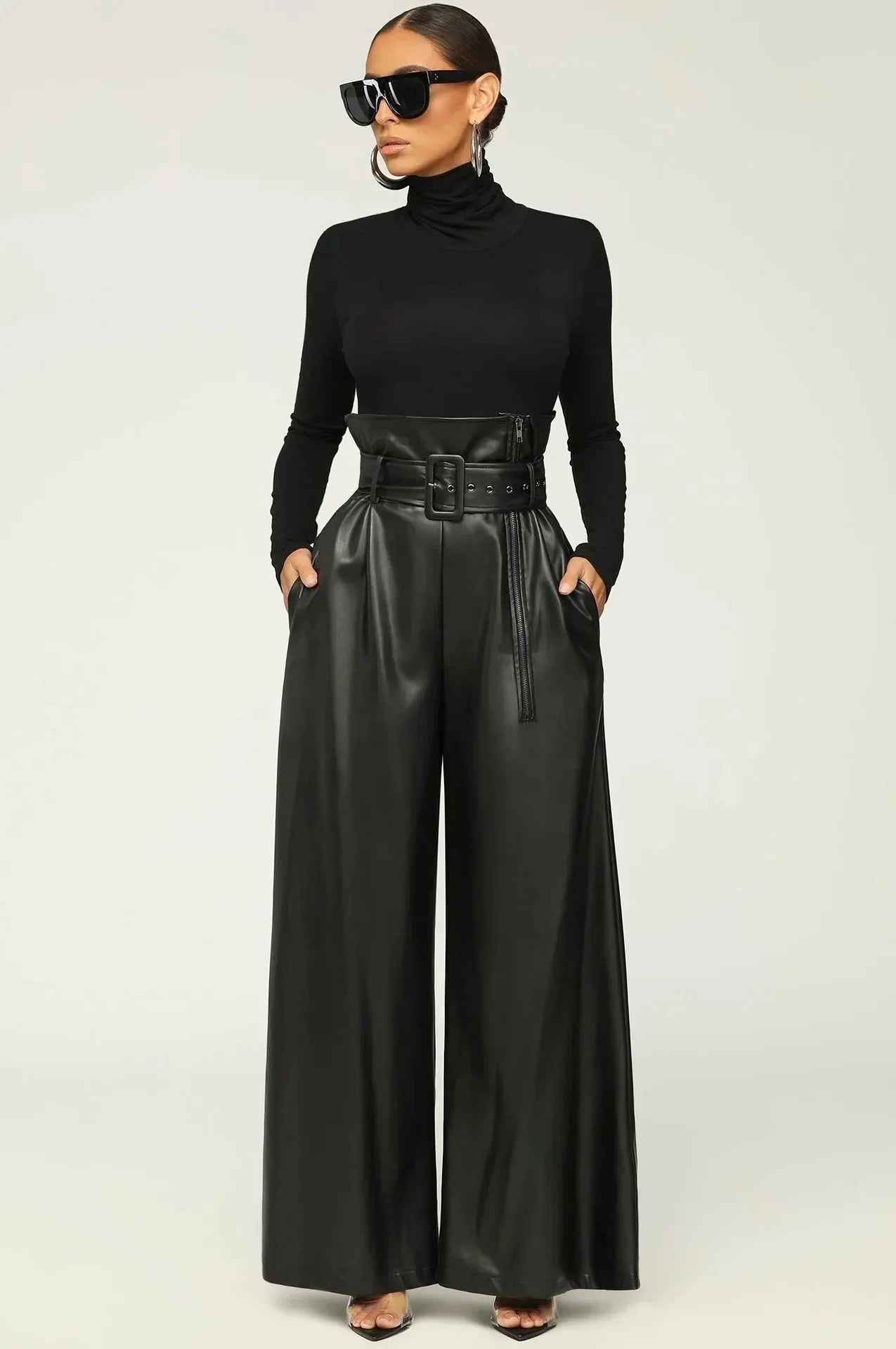 VILA | Hoge Taille Broek met Riem en Zijrits - Leer