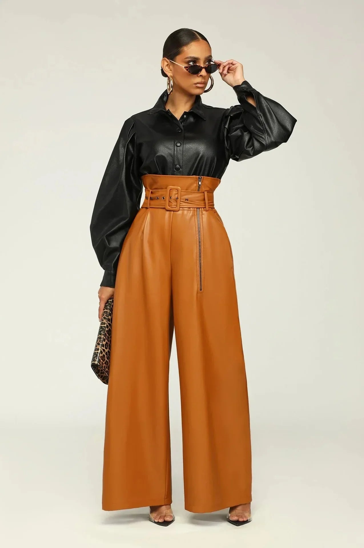 VILA | Hoge Taille Broek met Riem en Zijrits - Leer
