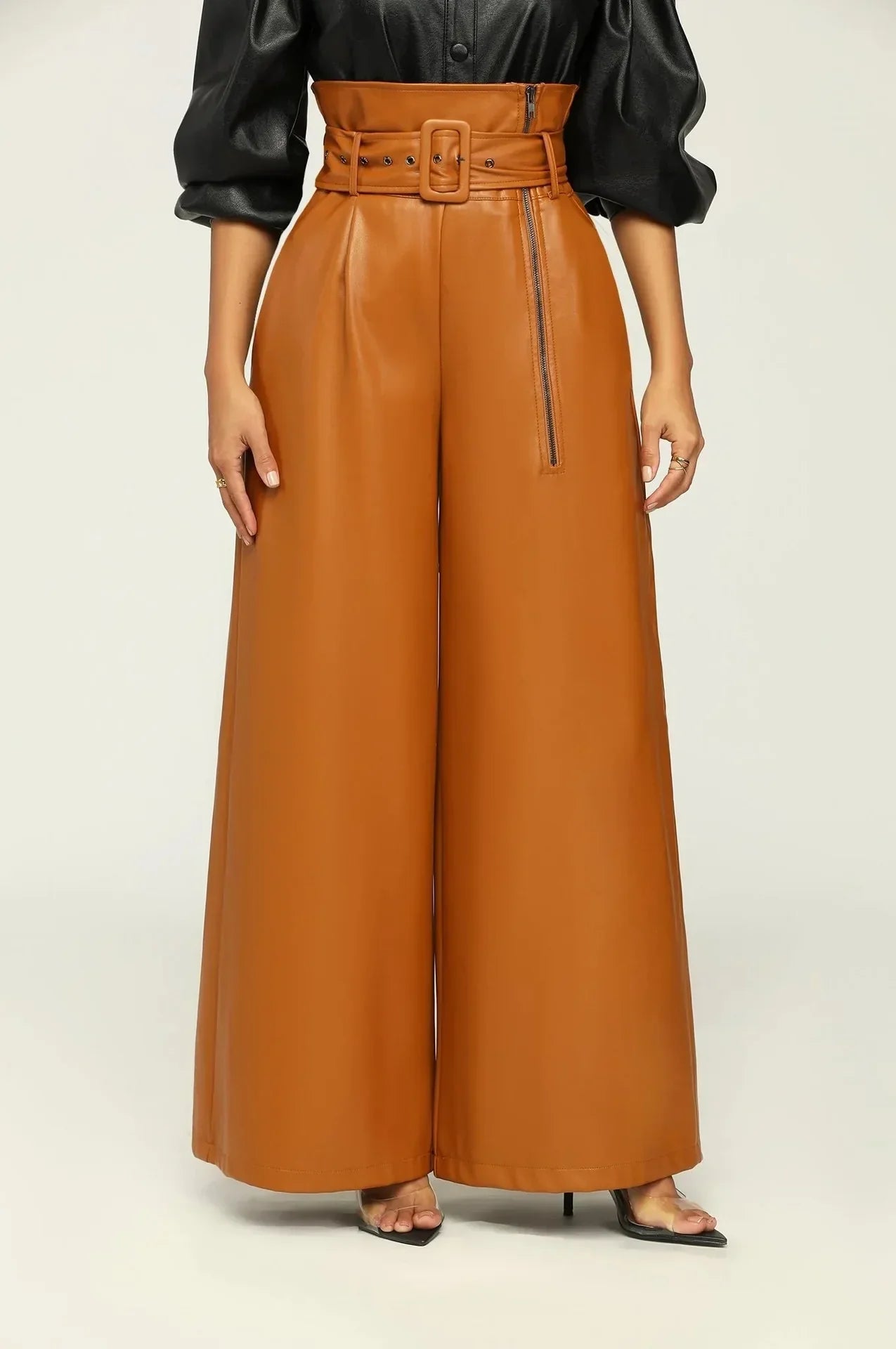VILA | Hoge Taille Broek met Riem en Zijrits - Leer