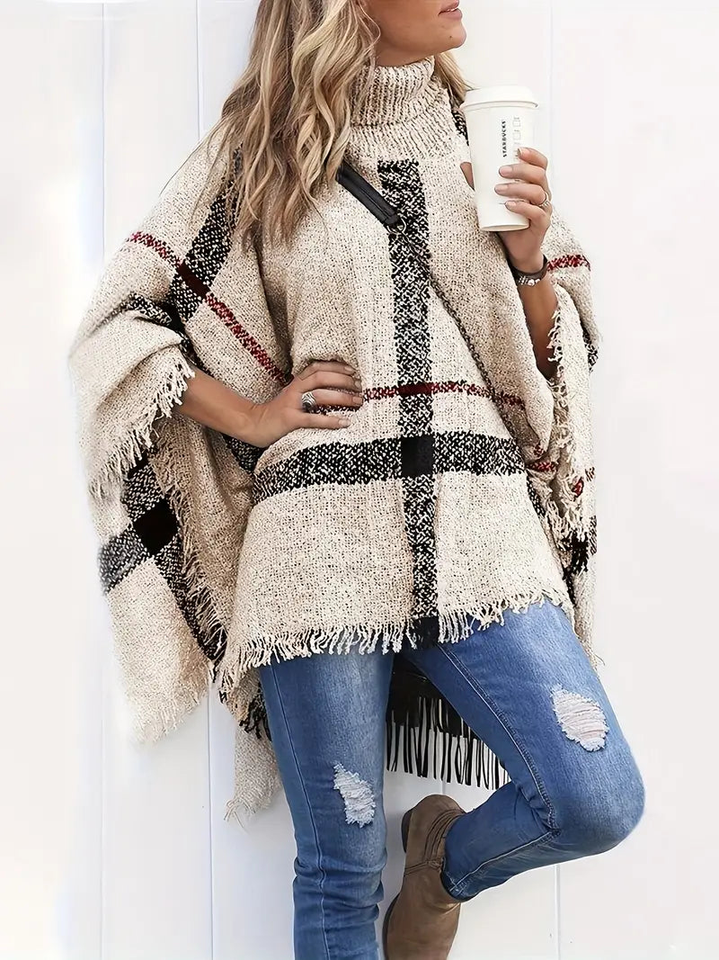 Indrina | Geruite poncho met colkraag