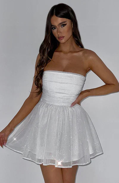 Katrina | Schouderloos Minikleed met Glitterdetails en Uitlopende Rok
