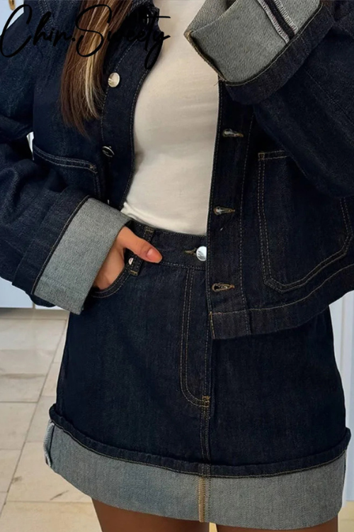Dames-Denim-Set – Cropped Jeansjacke & High-Waist Minirok met Omslag